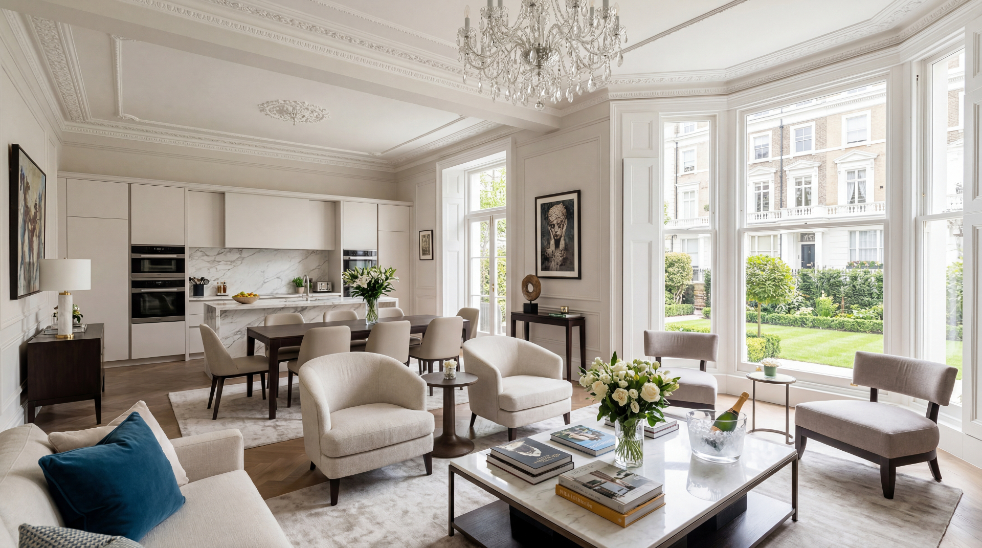 Bright Kensington reception room with chandelier, marble kitchen and garden-square view